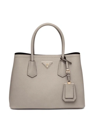 Prada Double Small Leather Bag In Grey
