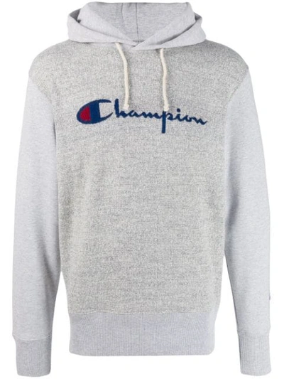 Champion Logo Intarsia Knitted Hoodie In Grey