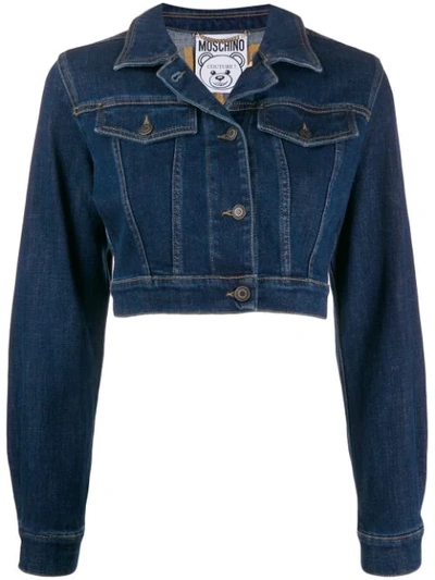 Moschino Bear Logo Cropped Cotton Denim Jacket In Blue