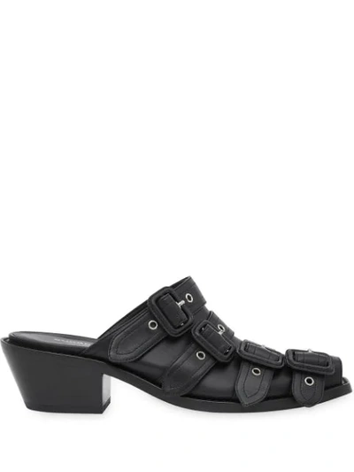 Burberry Buckled Leather Peep-toe Mules In Black