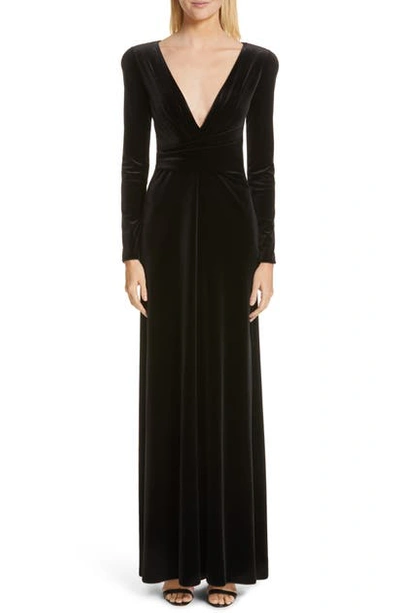 Emporio Armani Plunge Neck Long Sleeve Velvet Gown In Black