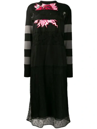 Prada Rose Print Lace And Cotton Dress In Black