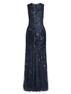 Basix Black Label Sleeveless Sheer Sequin Gown In Navy