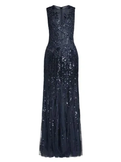Basix Black Label Sleeveless Sheer Sequin Gown In Navy