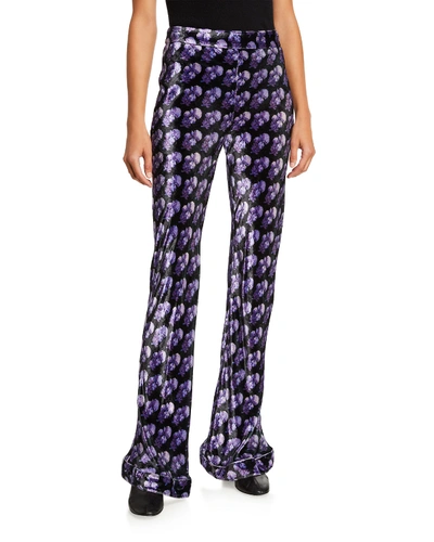 Chloé Printed Velvet Flare-leg Pants In Black/purple