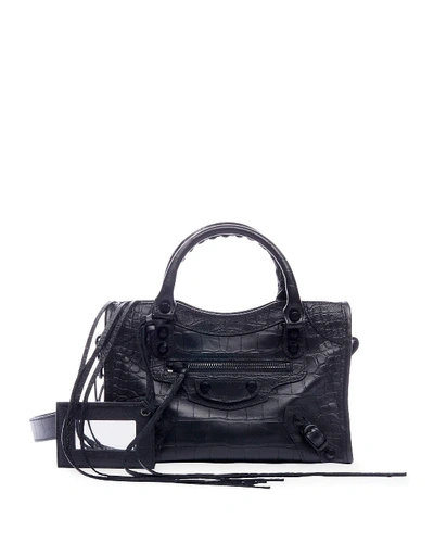 Balenciaga Aj Classic Mini Croc-embossed Satchel Bag In Black