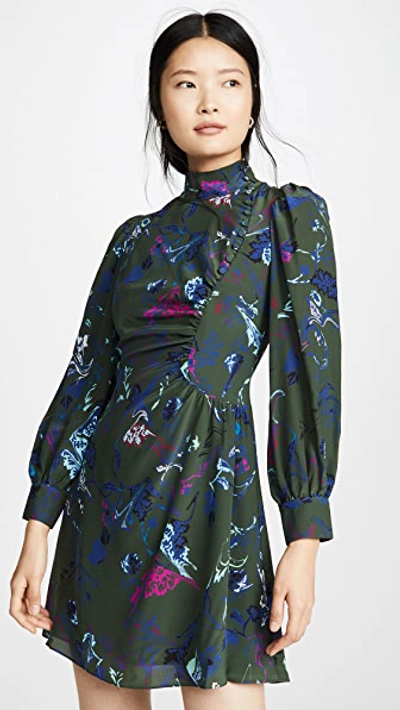 Tanya Taylor Clarisse Floral Button Detail Long Sleeve Silk Dress In Army Green Decorative