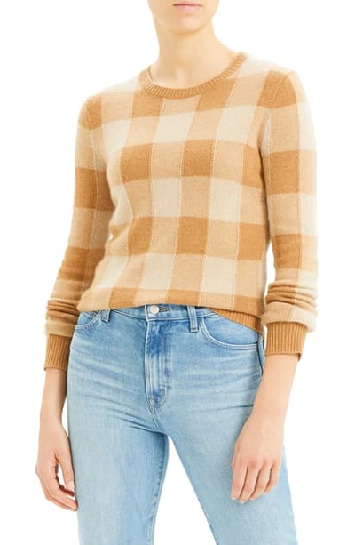 Theory Plaid Crewneck Cashmere Sweater In Pale Camel Multi