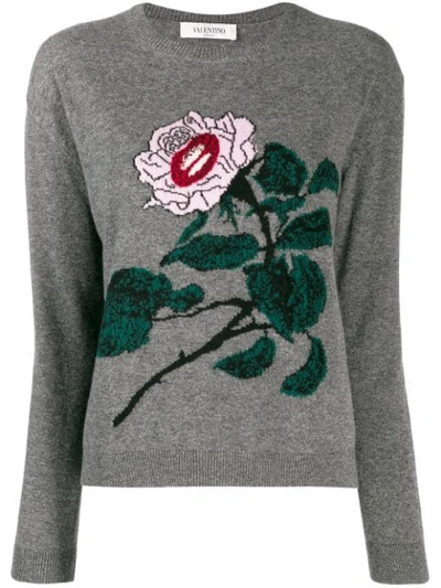 Valentino Lip & Rose Intarsia Wool & Cashmere Sweater In Grey
