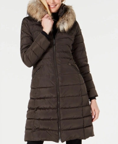 Laundry By Shelli Segal Faux-fur-trim Hooded Puffer Coat In Taupe