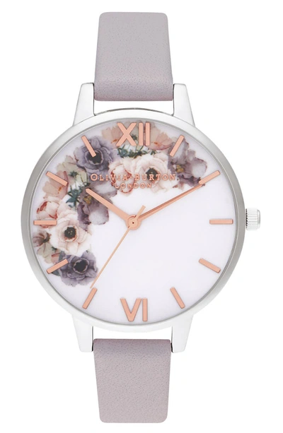 Olivia Burton Women's Watercolour Floral Gray Lilac Leather Strap Watch 34mm In Grey Lilac/ White/ Silver