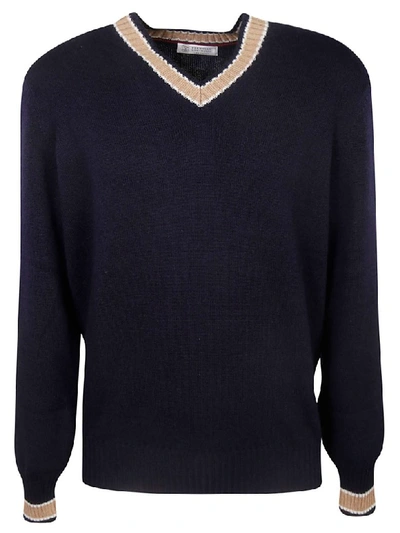 Brunello Cucinelli V-neck Sweatshirt In Blue/beige