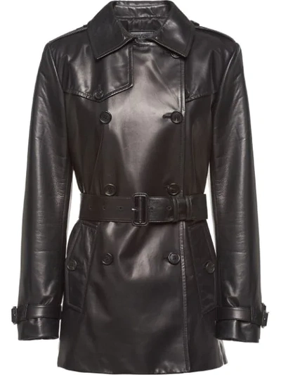 Prada Leather Peacoat In Black