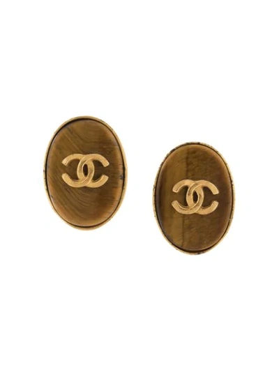 Pre-owned Chanel 1995 Oval Cc Clip-on Earrings In Brown