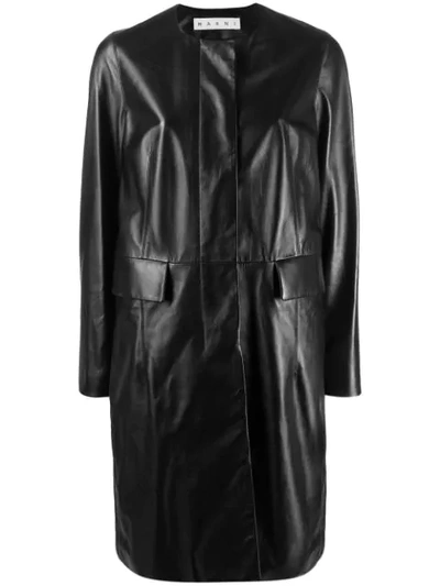 Marni Leather Overcoat In Black
