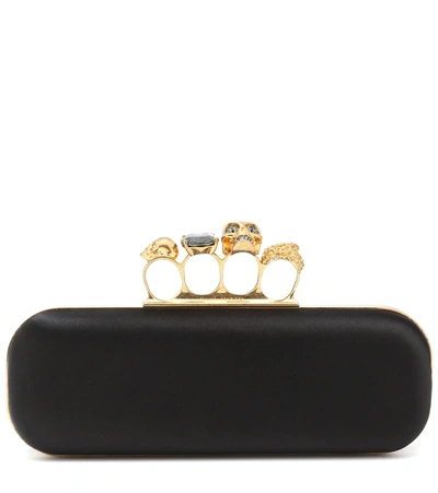 Alexander Mcqueen Skull Four-ring Beaded Leather Long Box Clutch In Black