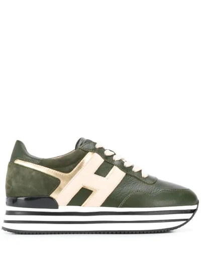 Hogan Sneakers In Smooth Laminated Leather With Suede Heel And 222 Sole In Green
