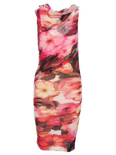 Msgm Floral Print Ruched Dress In Red Flower Print