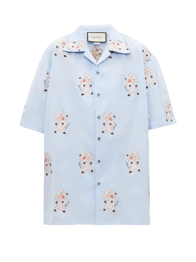 Gucci Oversized Camp-collar Embroidered Cotton Shirt In Blue