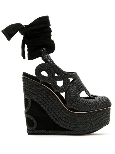 Andrea Bogosian Poppy Tied Wedge Sandals In Black