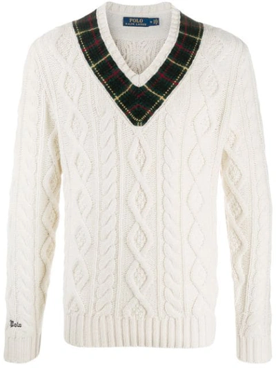 Polo Ralph Lauren Checked Neckline Jumper In White