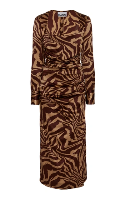 GANNI SILK STRETCH SATIN SQUARE NECK MIDI DRESS 776064