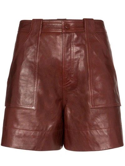 Ganni High-rise Leather Shorts In Brown