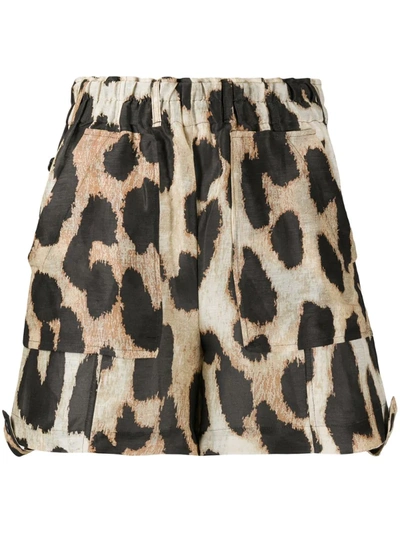 Ganni Leopard-print Linen And Silk-print Mini Shorts In Beige