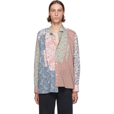 Loewe Asymmetric Patchwork Cotton Poplin Shirt In Blue,red,green