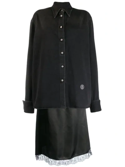 Mm6 Maison Margiela Embroidered Denim And Lace-trimmed Satin Shirt And Skirt Set In Black