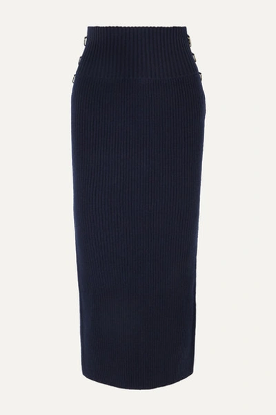 Sacai Embellished Ribbed Wool Midi Skirt In Navy