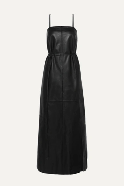Ferragamo Belted Leather Maxi Dress In Black