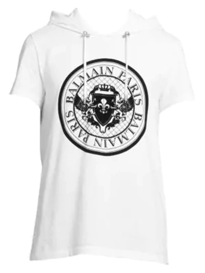 Balmain Men's Hooded Logo Graphic T-shirt In White Black