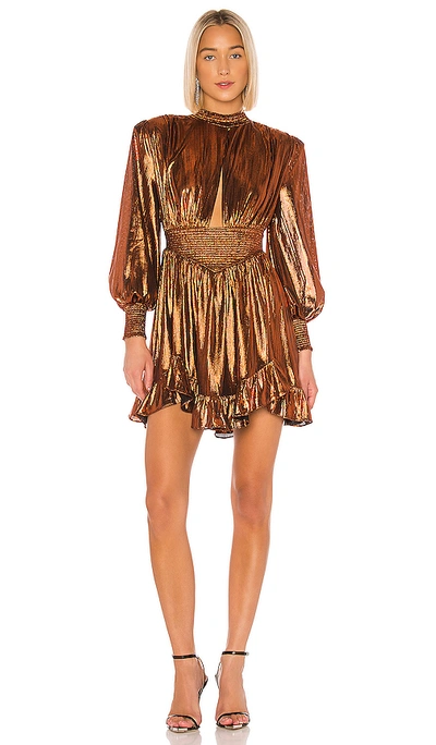 Retroféte Melody Metallic Lame Bishop-sleeve Ruffle-hem Mini Dress In Rust