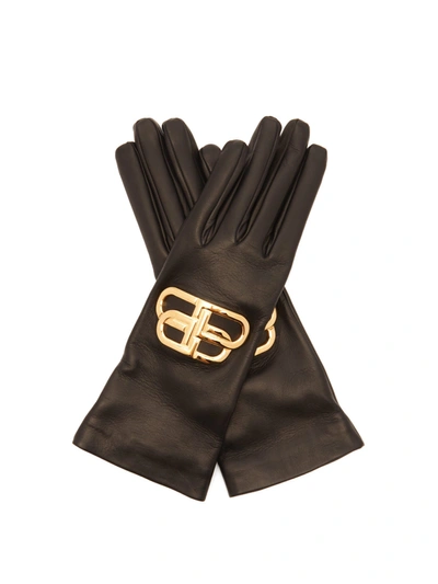 Balenciaga Bb Logo-plaque Leather Gloves In Black & Gold