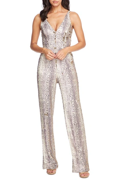 Dress The Population Charlie Sequin Snake-print Sleeveless Jumpsuit In Python Gold Multi