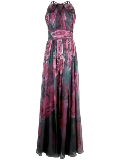 Marchesa Notte Floral Printed Chiffon Gown In Purple