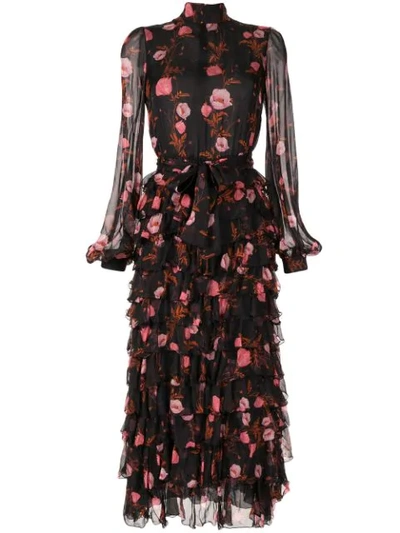 Giambattista Valli Floral Print Long Sleeve Silk Dress In Black