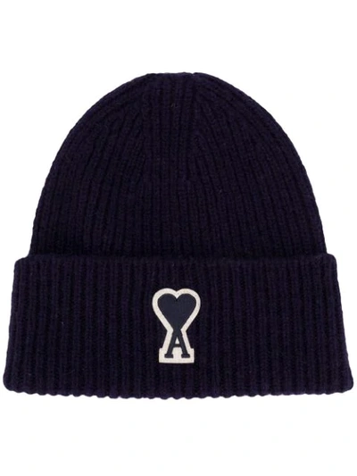 Ami Alexandre Mattiussi Logo-patch Ribbed-wool Beanie Hat In Blue