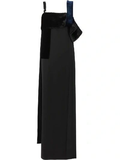 Burberry Faux Fur Detail Panelled Silk And Velvet Gown In Black