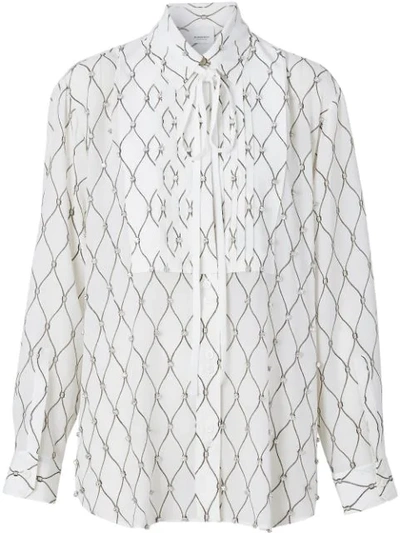 Burberry Crystal Detail Net Print Silk Oversized Tie-neck Shirt In White