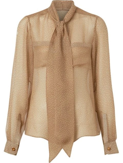 Burberry Fish-scale Print Silk Oversized Pussy-bow Blouse In Neutrals