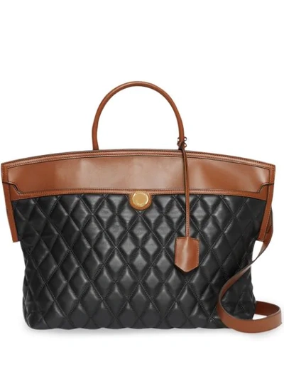 Burberry Quilted Leather-canvas Society Top Handle Bag In Black