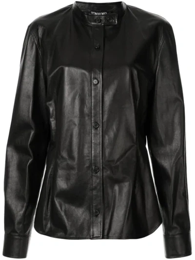 Tom Ford Band Collar Leather Shirt In Black
