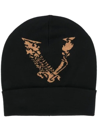 Versace Metallic Logo Knit Beanie Hat In Black