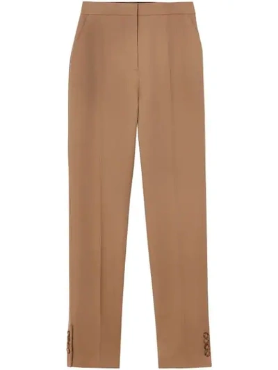 Burberry Straight Fit Button Detail Wool Blend Tailored Trousers In Neutrals