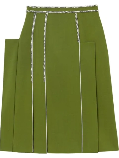 Burberry Crystal Detail Panelled Wool Crepe A-line Skirt In Green
