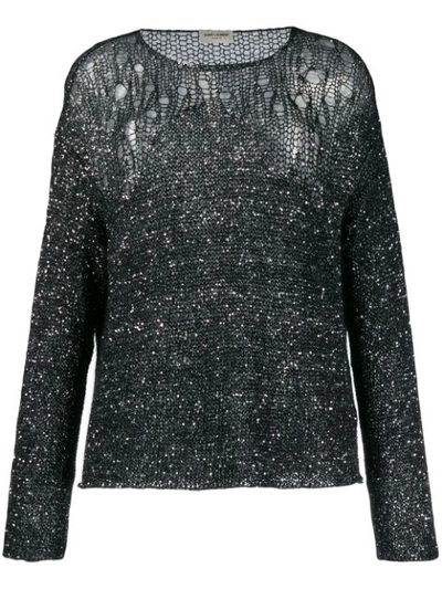 Saint Laurent Open-knit Sequin Embellished Jumper In Black