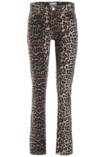 Ganni Leopard Printed Denim Pants In Brown,black