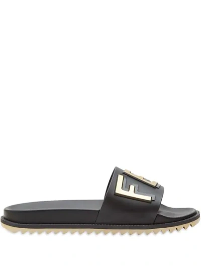 Fendi Logo-embossed Rubber Sliders In Black,gold